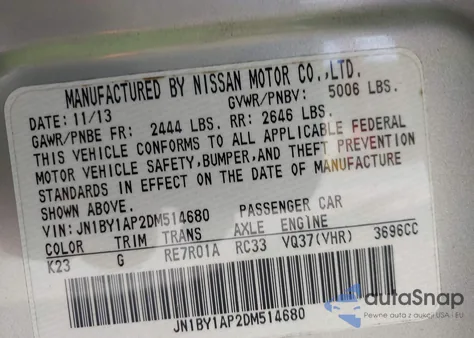 2013 Infiniti M37 z USA, uszkodzony, nr VIN JN1BY1AP2DM514680